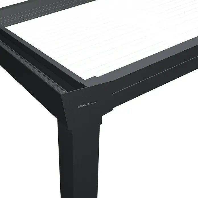 Gardendreams Terrassenüberdachung Light EditionB x T: 700 x 250 cm, Anthrazitgrau, Polycarbonat, Klar - Detailansicht einer schwarzen Terrassenüberdachung, die modernes Design und robuste Bauweise vereint.