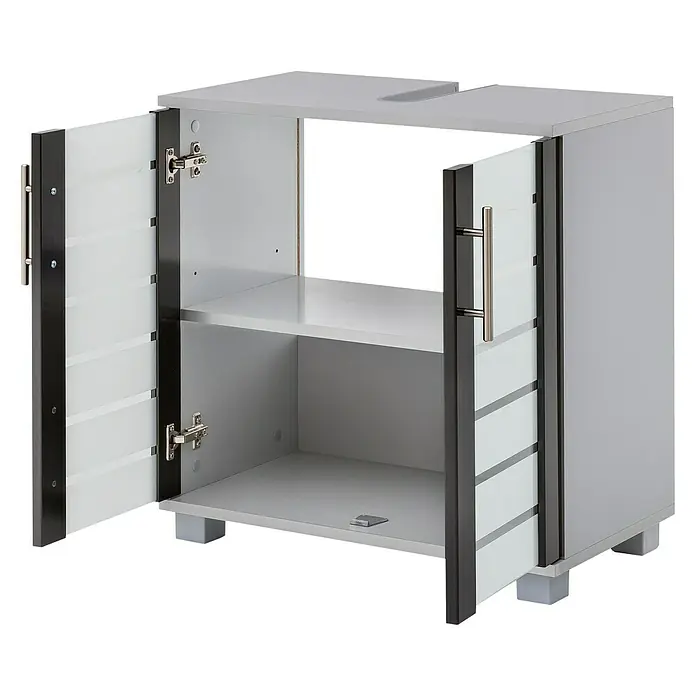 Schildmeyer Niko Waschtischunterschrank - B x T x H: 62,5 x 32,5 x 65 cm, Silber/Anthrazit - Grauer Badunterschrank mit zwei offenen Türen und einem Regal. Der Schrank steht auf kleinen Füßen und hat silberne Griffe.