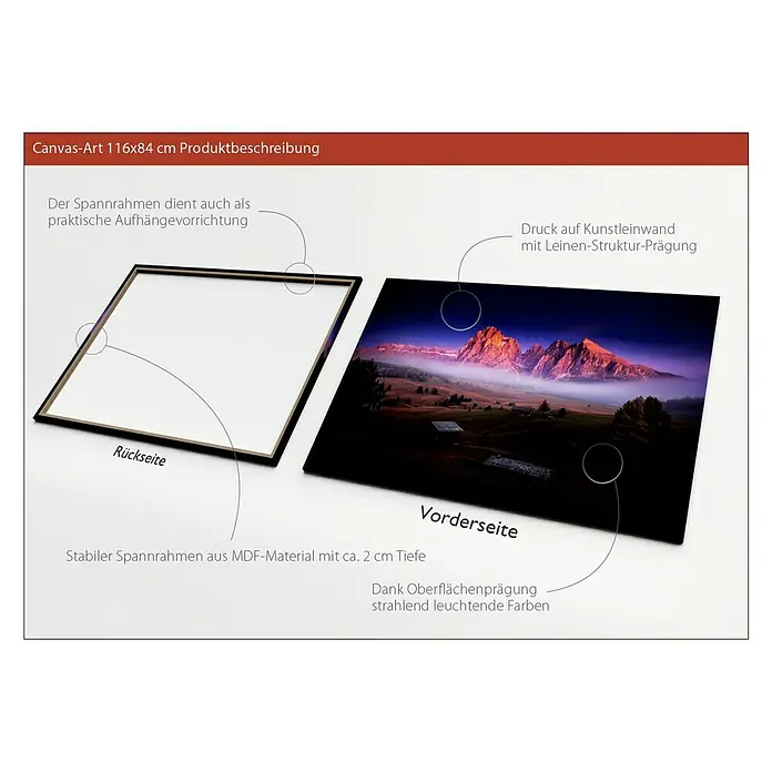 ProArt Leinwandbild - Mist & Mountain, B x H: 120 x 90 cm - Canvas-Art 116x84 cm Produktbeschreibung. Das Bild zeigt die Vorder- und Rückseite der Leinwand mit einer idyllischen Landschaft.