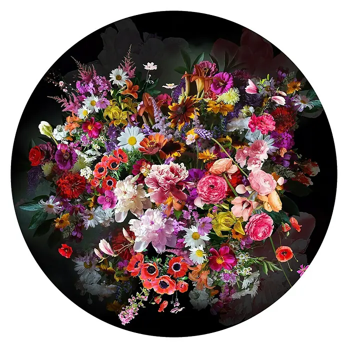 ProArt Glasbild - Blumenstrauß I, Durchmesser: 30 cm - Üppiger Blumenstrauß mit vielen bunten Blumen in einer runden Komposition vor einem dunklen Hintergrund.