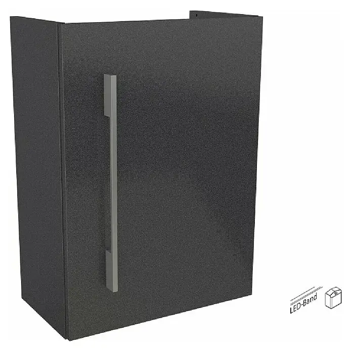 Camargue Stella Mini Waschtischunterschrank - 44 x 24,3 x 60 cm, Mit Beleuchtung, Grafit - Abbildung eines modernen, schwarzen Badezimmerschranks mit einem eleganten, senkrechten Griff.