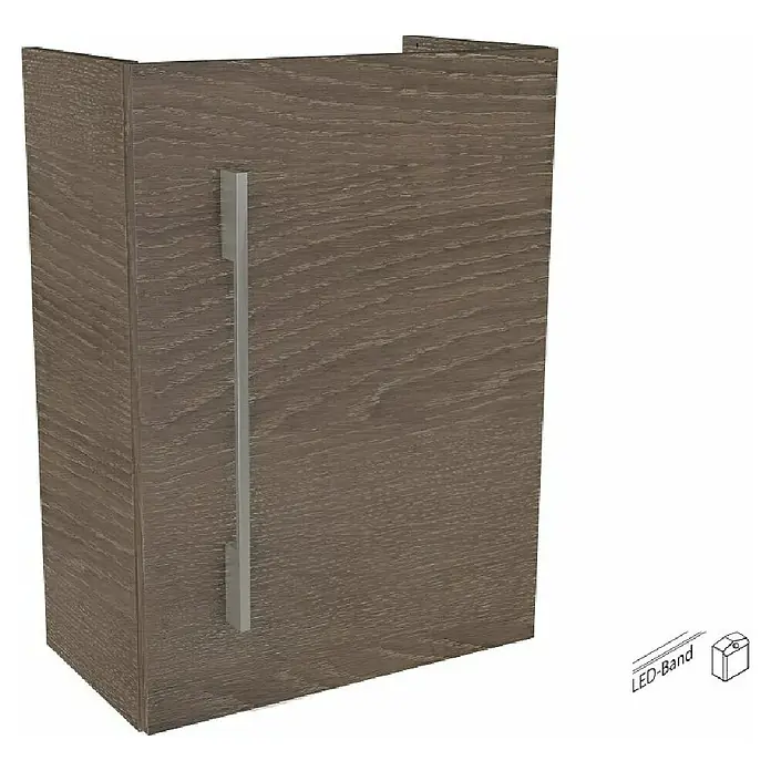 Camargue Stella Mini Waschtischunterschrank - 44 x 24,3 x 60 cm, Mit Beleuchtung, Eiche Maron - Nahaufnahme eines modernen Holzschranks mit einem langen, silbernen Griff und einem LED-Band-Detail.