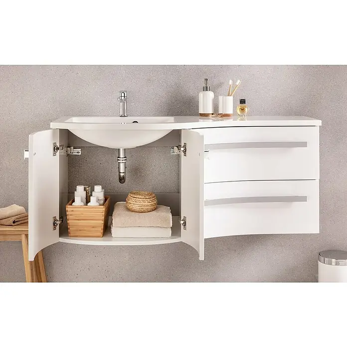 Camargue Wave Einbauwaschbecken - 120 x 55 cm, Weiß, DIN Anschlag: Links - Das moderne Badezimmerwaschbecken mit Unterschrank bietet viel Stauraum und ein minimalistisches Design. Ideal für jedes Badezimmer.