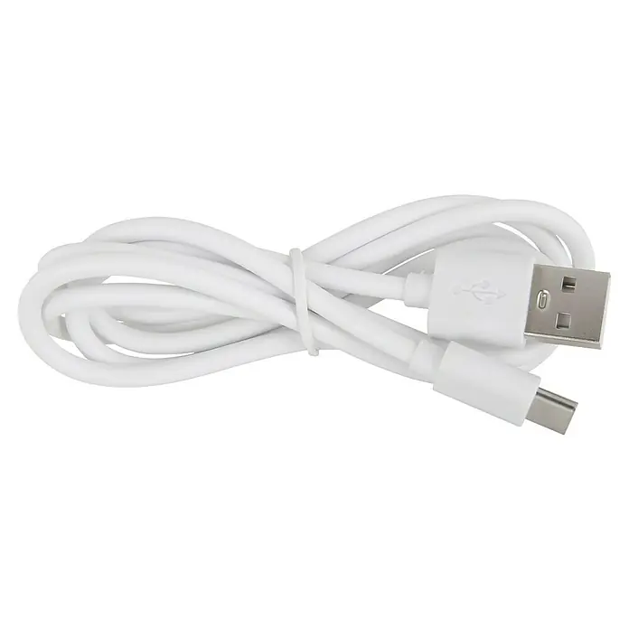 Globo Akku-Tischleuchte - Anthrazit, Warmweiß, Ø x H: 20,5 x 25,5 cm - Weißes USB-Kabel mit USB-A- und USB-C-Anschlüssen, aufgerollt und mit Kabelbinder fixiert.