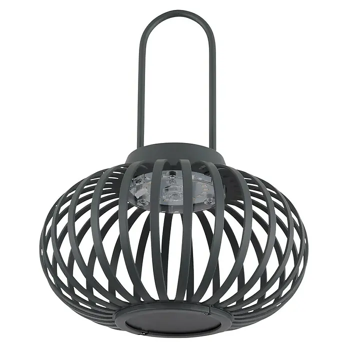 Globo Akku-Tischleuchte - Anthrazit, Warmweiß, Ø x H: 20,5 x 25,5 cm - Nahaufnahme einer grauen Laterne mit Metallrahmen und LED-Licht, die von oben an einer Halterung hängt.