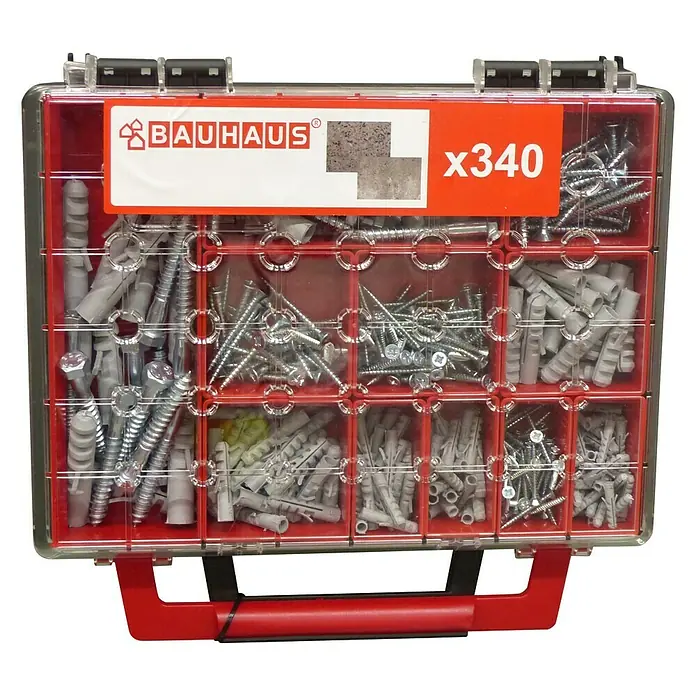 BAUHAUS Surtido de tacos y tornillos - 340 pzs. - Caja de surtido Bauhaus llena de tornillos y tacos, ideal para aficionados al bricolaje y profesionales. Práctica, robusta y versátil.