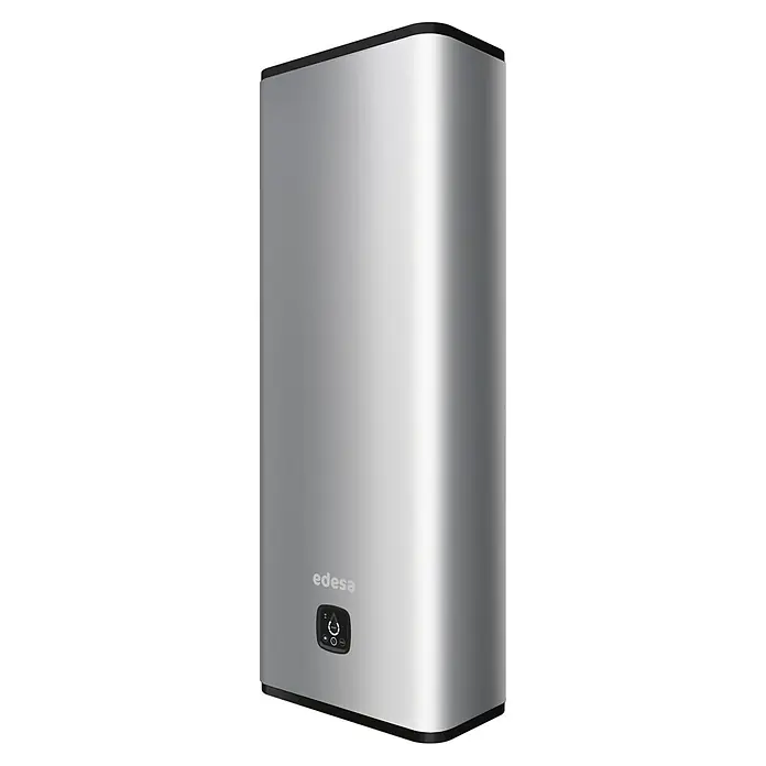 Edesa Termo eléctrico reversible Flat - 80 l, 2.250 W, Montaje en la pared - Primer plano de un calentador de agua moderno de color plateado de Edesa, con pantalla digital y esquinas redondeadas.