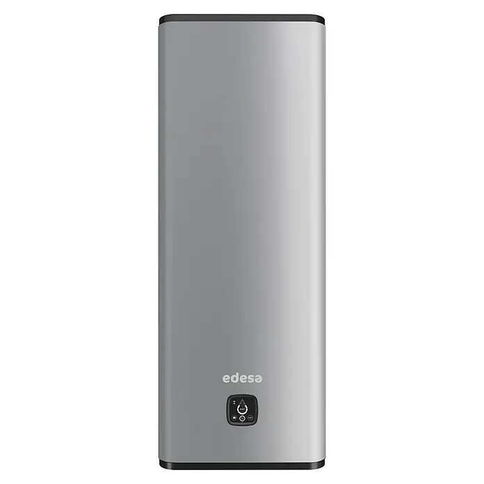 Edesa Termo eléctrico reversible Flat - 80 l, 2.250 W, Montaje en la pared - Un calentador de agua EDESA plateado y elegante con controles digitales para un suministro eficiente de agua caliente en el hogar.