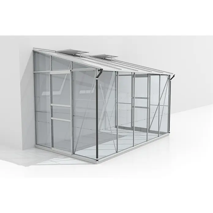 Vitavia Gewächshaus Osiris 6500 - Außenmaß inkl. Dachüberstand (B x T): 324,3 x 201 cm, 3 mm, Aluminium - Das Bild zeigt ein modernes, anlehnbares Gewächshaus mit transparenten Wänden und einem silbernen Rahmen, ideal für kleine Gärten oder Terrassen.
