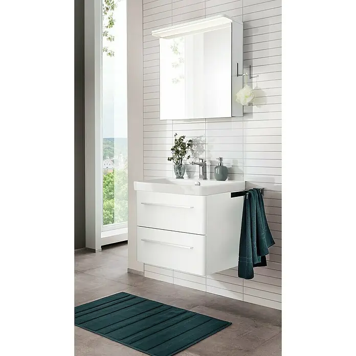 Lanzet Modern 3.0 LED-Spiegelschrank - B x H: 60 x 68,4 cm, Mit Beleuchtung, DIN Anschlag: Links, Weiß, Spanplatte - Ein stilvolles Badezimmer mit einem weißen Waschtisch mit Schubladen und einem Spiegelschrank mit Beleuchtung.