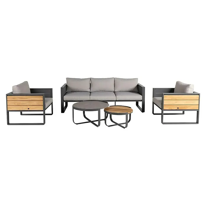 Kactus republic Conjunto de muebles Mónaco - 5 pzs., Aluminio/Teca, Antracita - Elegante conjunto de muebles de jardín grises con sofá, dos sillones y dos mesas, perfecto para espacios exteriores. Elegante y cómodo.