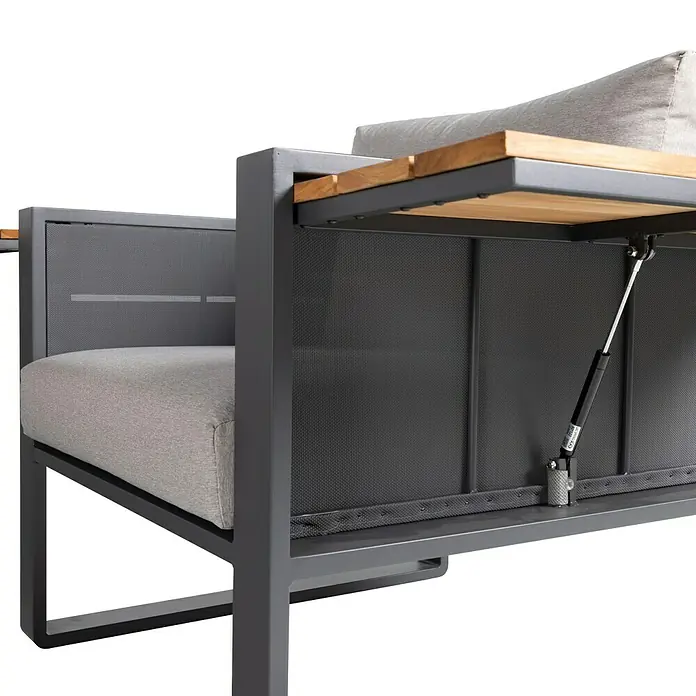 Kactus republic Conjunto de muebles Mónaco - 5 pzs., Aluminio/Teca, Antracita - Primer plano de un moderno mueble de patio gris, que cuenta con una práctica mesa de madera que se levanta y está soportada por un resorte de gas.