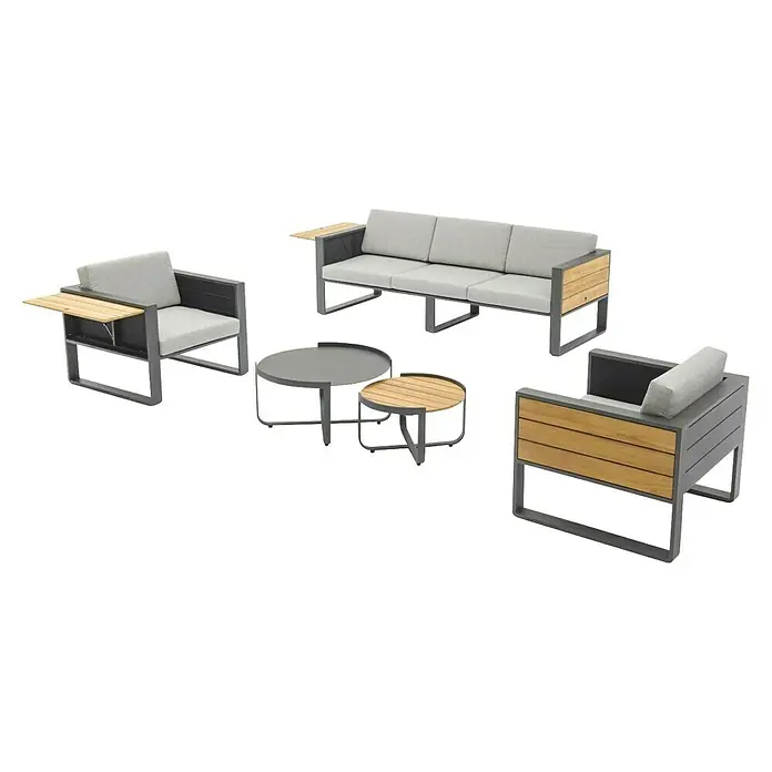 Kactus republic Conjunto de muebles Mónaco - 5 pzs., Aluminio/Teca, Antracita - Elegante conjunto de exterior con sofá, sillones y mesas, perfecto para relajarse al aire libre. El diseño gris es moderno y acogedor.
