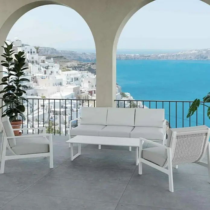 Kactus republic Conjunto de muebles Onix - 4 pzs., Aluminio/Ratán sintético, Blanco - Un elegante juego de patio blanco con sofá, sillones y mesa, perfecto para relajarse al aire libre con impresionantes vistas al mar.