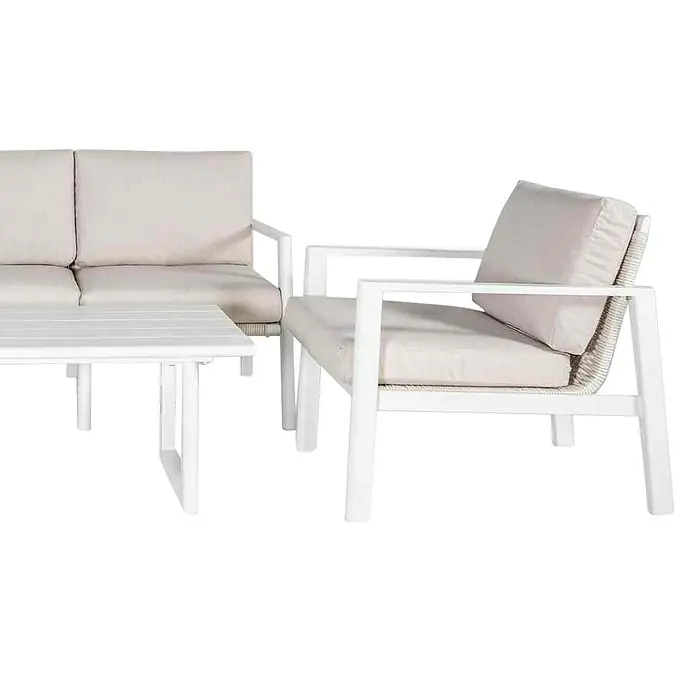 Kactus republic Conjunto de muebles Onix - 4 pzs., Aluminio/Ratán sintético, Blanco - Un moderno juego de patio blanco con un sofá, sillón y mesa, perfecto para relajarse al aire libre.