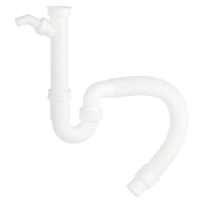 Admiral Spültisch-Siphon - Kunststoff, 1 ½″, Weiß - Weißer Siphon mit flexiblen Schlauch, ein unverzichtbares Element für Sanitärinstallationen, auf schwarzem Hintergrund.