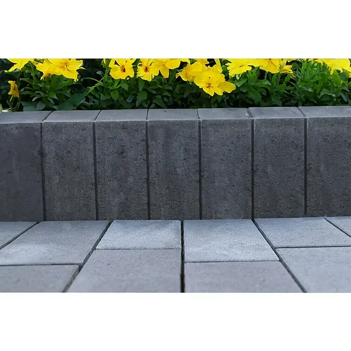 EHL Palisade Bord Lima - 6 x 50 x 25 cm, Anthrazit, Beton - Nahaufnahme einer grauen Steinmauer mit gelben Blumen und einem grauen Steinpflaster davor.