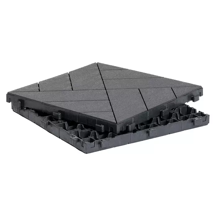 Klickfliese Parquet - 30 x 30 x 2,2 cm, Stahlgrau, 6 Stk. - Dunkelgraue, ineinandergreifende Kunststoff-Terrassenplatten, teilmontiert mit sichtbarer Gitterbasis.
