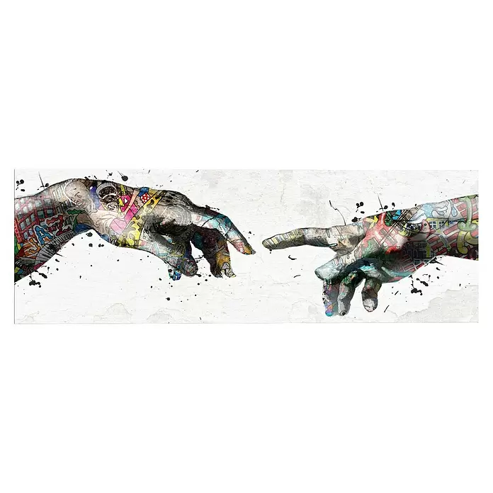 Reinders Glasbild Creation Art - Creation Art, B x H: 52 x 156 cm - Abstraktes Kunstwerk im Graffiti-Stil mit zwei bunten Händen, die sich berühren wollen, mit dynamischen Farbspritzern.