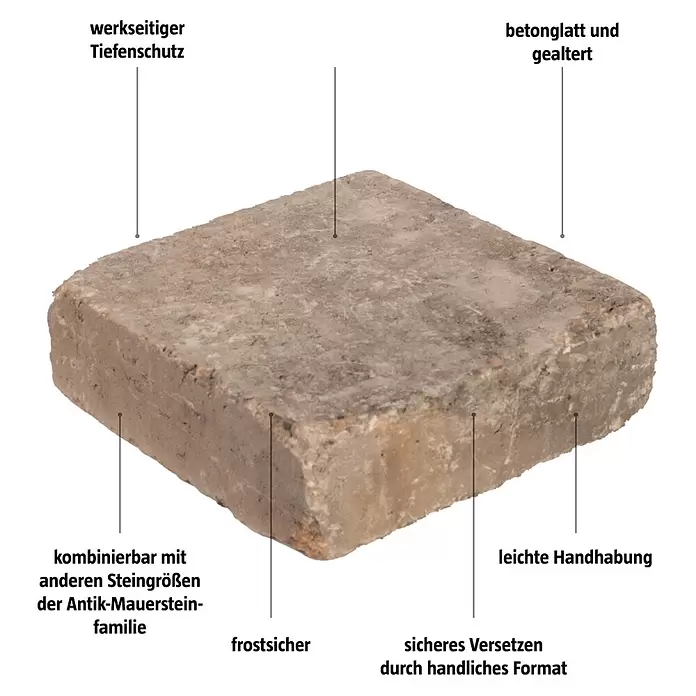 Pflasterstein Times - Grau/Anthrazit, 20 x 20 x 7 cm, Quadratisch - Gealterter Betonpflasterstein mit verwitterter Oberfläche, frostsicher und leicht zu handhaben für Mauerwerk.