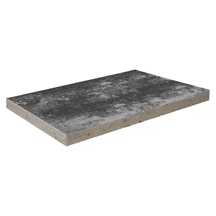 EHL Terrassenplatte Olinda - 40 x 20 x 4 cm, Grau/Anthrazit, Beton - Rechteckige dunkelgrau-weiß gesprenkelte Fliese mit dicker, hellbrauner Betonseite.