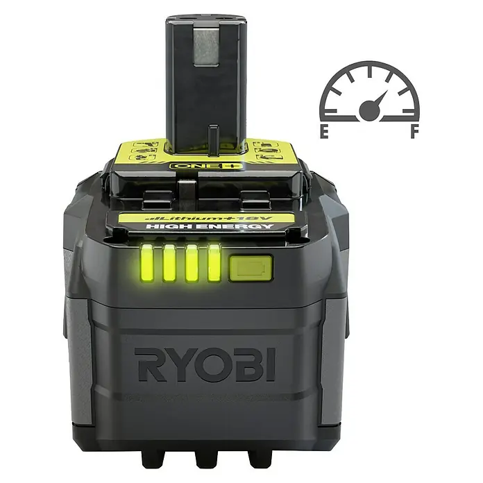 Ryobi ONE+ Batería - 18 V, 8 Ah, Iones de litio - Batería de iones de litio Ryobi ONE+ High Energy de 18 V con cuatro luces LED verdes que indican el nivel de carga.