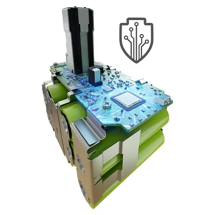 Ryobi ONE+ Batería - 18 V, 8 Ah, Iones de litio - Vista detallada de un dispositivo electrónico con un icono de escudo, mostrando circuitos internos y baterías.