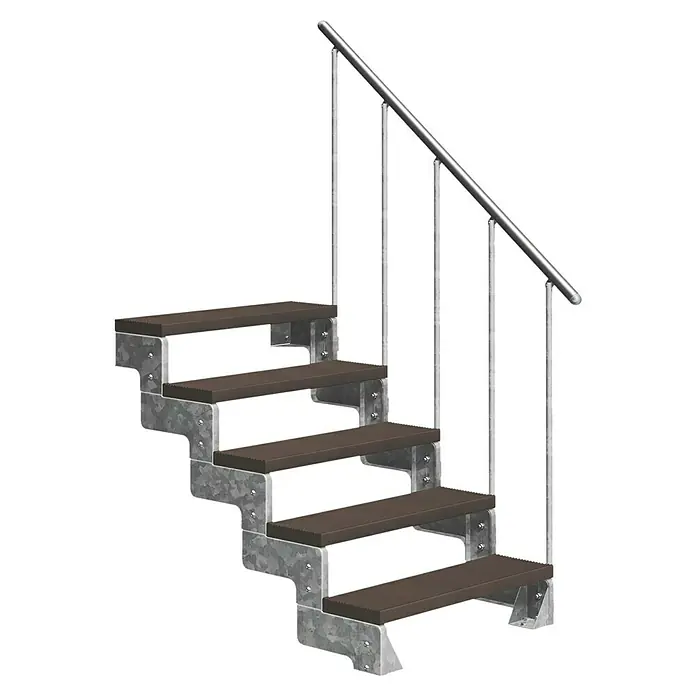 Dolle Außentreppe Gardentop - Trimaxstufen, Dunkelbraun, Feuerverzinkte Geländerstäbe, Breite: 100 cm, Anzahl Stufen: 5 Stk., Geschosshöhe: 90 cm - 110 cm - Die Aufnahme zeigt eine Außentreppe mit vier Stufen, braunen Trittflächen und einem silbernen Handlauf, ideal für den Garten.