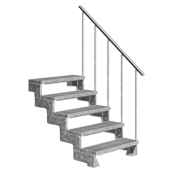 Dolle Außentreppe Gardentop - Gitterroststufen, Feuerverzinkte Geländerstäbe, Breite: 100 cm, Anzahl Stufen: 5 Stk., Geschosshöhe: 90 cm - 110 cm - Verzinkte Metalltreppe mit rutschfesten Stufen und silbernem Handlauf.