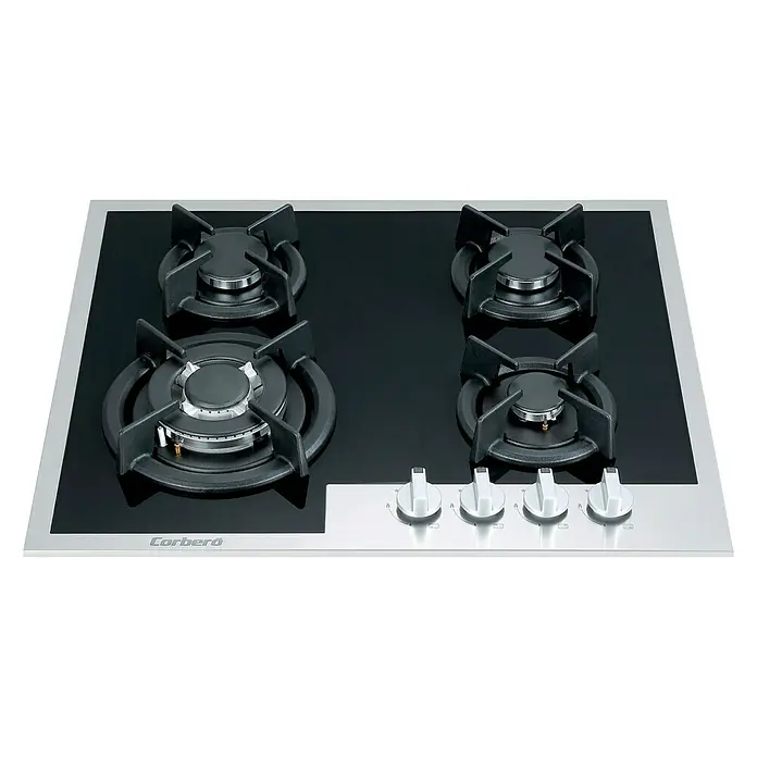 Corberó Placa de cocción de cristal CPCGXY6019N - L x An: 52 x 62 cm, Número de quemadores de gas: 4 ud. - Elegante placa de cocina con cuatro quemadores para la cocina moderna, con superficie de vidrio y mandos plateados.
