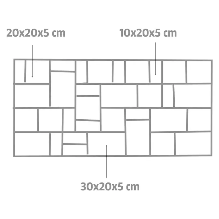 EHL Pflasterstein Fortaleza - Muschelkalk, Gesamtstückzahl: 27 Stk., Rechteckig - Modulares Layout-Diagramm mit grauen Linien, die rechteckige Blöcke in Größen wie 20x20x5, 10x20x5 und 30x20x5 cm zeigen.