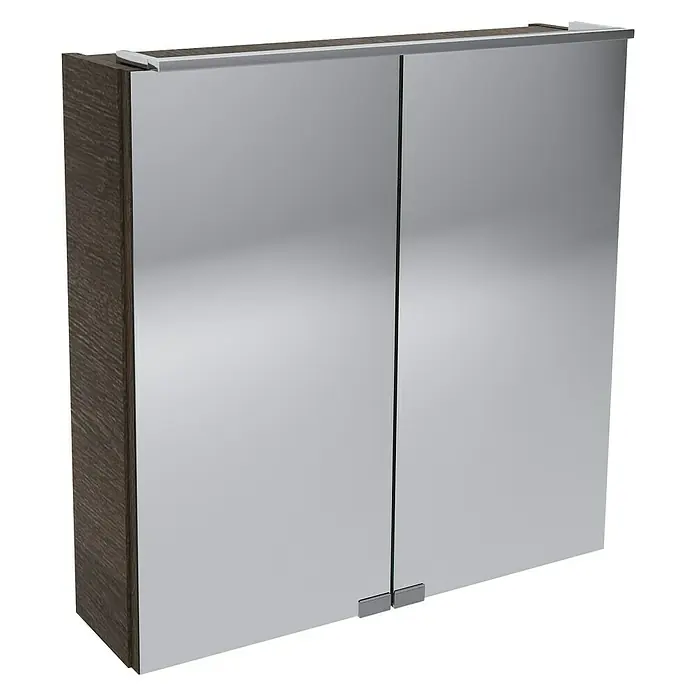 Camargue Stella LED-Spiegelschrank - B x H: 60 x 68,4 cm, Mit Beleuchtung, Eiche Maron - Das Bild zeigt einen modernen Spiegelschrank mit zwei Türen und einem schlichten Design. Der Schrank hat eine Holzumrandung und wirkt sehr hochwertig.