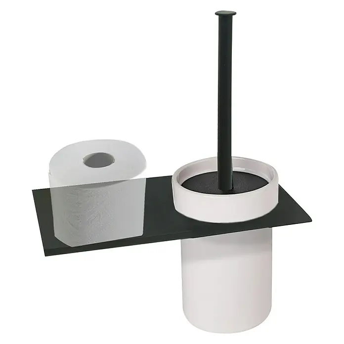 CM Baños Nina Escobillero con bandeja - Acero, Negro - Un moderno portarrollos de papel higiénico con estante en blanco y negro. El soporte ofrece espacio para un rollo extra.