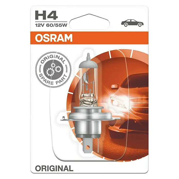 Osram Original Line Halogen-Scheinwerferlampe - H4, 1 Stk. - Eine H4 12V 60/55W OSRAM Original Halogenlampe für Autos, verpackt und zum Austausch von Scheinwerfern geeignet.