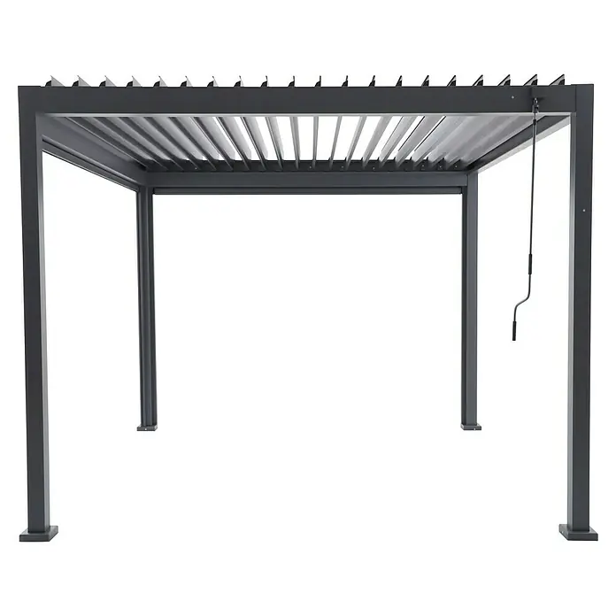Sunfun Milos Pérgola estándar con laterales - L x An x Al: 294 x 294 x 235 cm, Aluminio, Antracita - Primer plano de una pérgola moderna de aluminio gris con lamas ajustables para uso exterior.