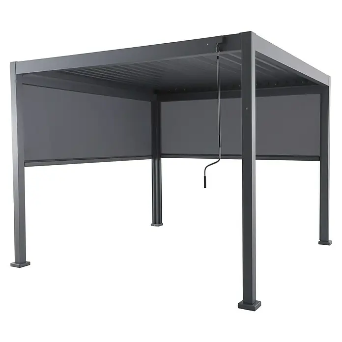 Sunfun Milos Pérgola estándar con laterales - L x An x Al: 294 x 294 x 235 cm, Aluminio, Antracita - Imagen de una elegante pérgola moderna con tonos grises y techo de lamas ajustable para una protección solar óptima.