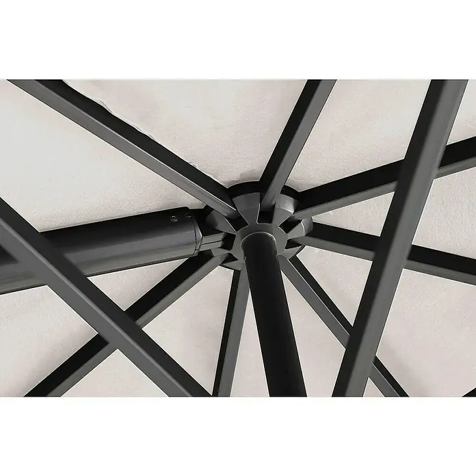 Sunfun Parasol de jardín Corfu - Crudo, 300 x 400 cm, Aluminio - Primer plano de la estructura de una sombrilla de patio con un diseño negro robusto y una cubierta blanca.