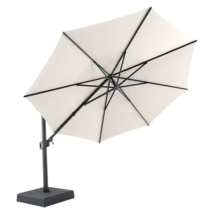 Sunfun Parasol de jardín Corfu - Crudo, Diámetro de cobertura: 400 cm - Imagen de una sombrilla voladiza color crema con una estructura metálica oscura robusta y una base sólida.