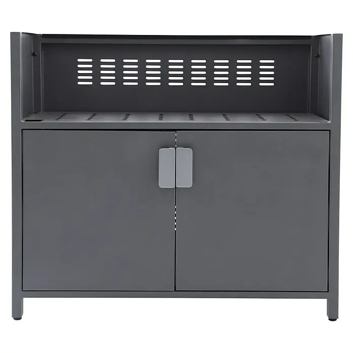 Sunfun Cocina exterior con estantería Kendra - Aluminio/Acero, Antracita - Armario gris con dos puertas, manijas y orificios de ventilación, diseñado para almacenar dispositivos o equipos.
