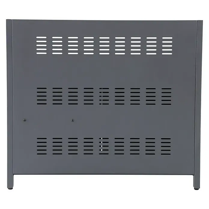 Sunfun Cocina exterior con estantería Kendra - Aluminio/Acero, Antracita - Vista posterior de un armario de cocina gris, equipado con ranuras de ventilación para disipar el calor.