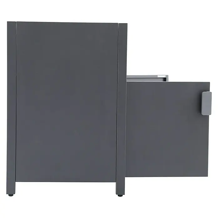 Sunfun Cocina exterior con estantería Kendra - Aluminio/Acero, Antracita - Archivador de cajones de color oscuro con un cajón abierto y un pequeño tirador. Un mueble práctico para la oficina o el estudio.