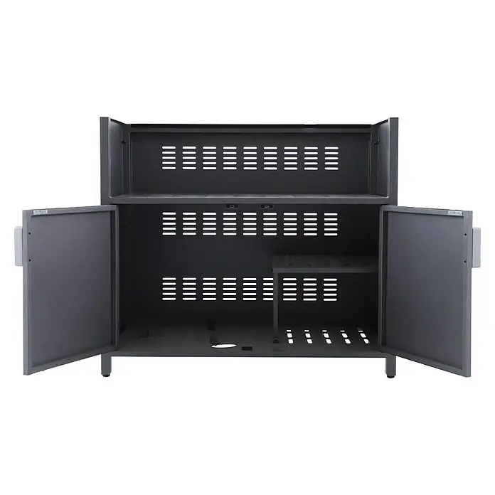 Sunfun Cocina exterior con estantería Kendra - Aluminio/Acero, Antracita - Amplio armario de carga gris con puertas abiertas y múltiples compartimentos, ideal para guardar y cargar dispositivos electrónicos de forma segura.