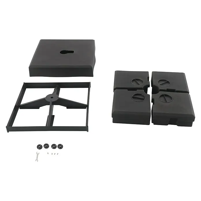 Sunfun Base de parasol Calandra - 85 x 85 cm, Negro - La imagen muestra un soporte para sombrilla de patio en piezas individuales. Incluye una base, pesos y diversos componentes de hardware.