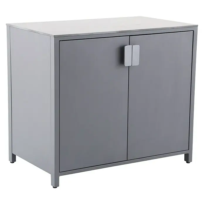Sunfun Cocina exterior Kendra - Aluminio/Acero, Antracita - Armario gris con doble puerta y manijas plateadas, ideal para el almacenamiento moderno en el hogar. Construcción robusta con un diseño limpio.