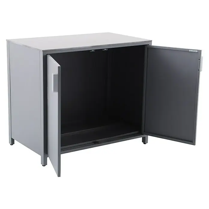 Sunfun Cocina exterior Kendra - Aluminio/Acero, Antracita - Imagen de un armario metálico gris abierto con dos puertas, ideal para soluciones de almacenamiento en la oficina o en el hogar.