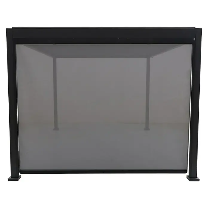 Sunfun Milos Panel lateral - An x Al: 374 x 217 cm, Antracita, Para pérgola con laterales Milos, Profundidad: 8,5 cm - Primer plano de una elegante glorieta negra con cortinas grises, ideal para el jardín y horas de relax al aire libre.