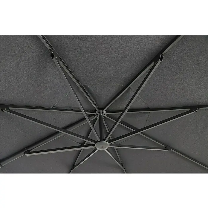 Sunfun Parasol de jardín Corfu - Antracita, Diámetro de cobertura: 400 cm - Primer plano de una sombrilla de patio oscura con puntales metálicos diseñados para una sombra resistente. Perfecto para los días soleados al aire libre.