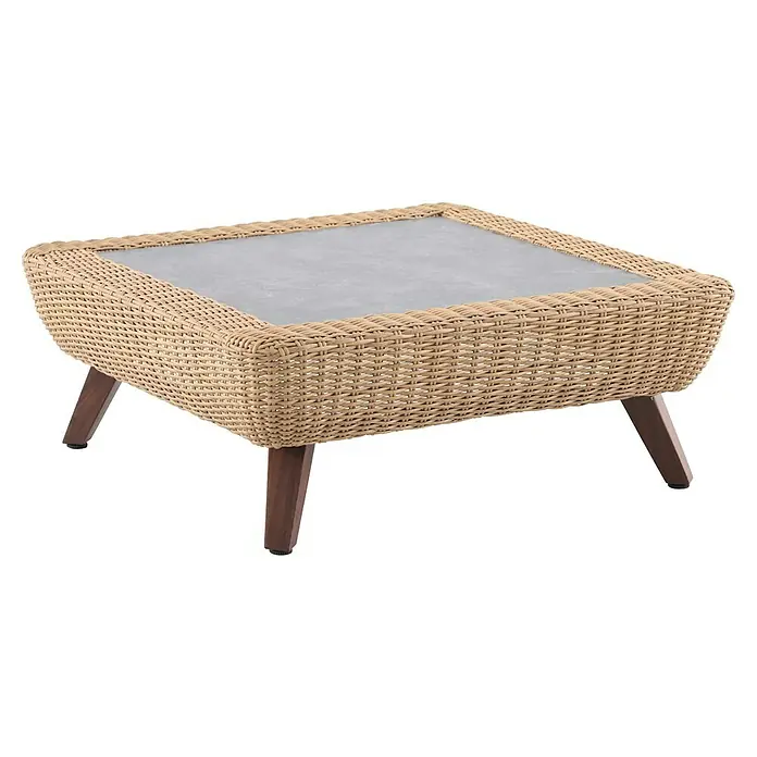 Conjunto de muebles Royal sofá + sillones + mesa - 4 pzs., Ratán sintético/Aluminio, Beige - Elegante mesa de centro cuadrada con tapa de cristal y estructura de mimbre de ratán, sostenida por cuatro patas de madera elegantes.