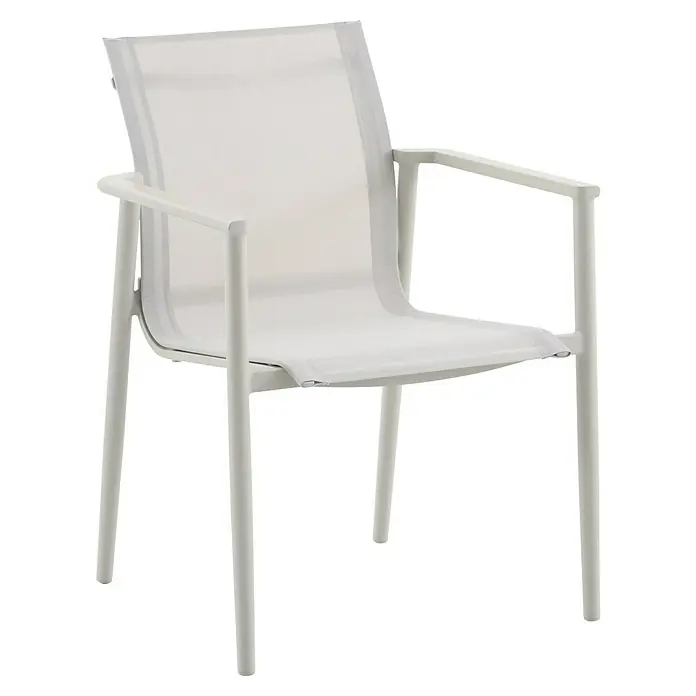 Sunfun Silla de jardín Iris - 63 x 63 x 85 cm, Beige, Aluminio/Textiline, Apilable - Silla moderna blanca con reposabrazos y tejido de malla transpirable, ideal para interiores y exteriores.
