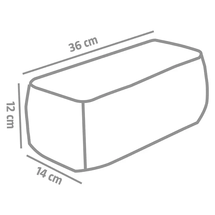 Mauerstein Times Antik Light - 36 x 14 x 12 cm, Sandstein, Beton - Diagramm eines rechteckigen Objekts mit abgerundeten Ecken, Maße: 36 cm Länge, 12 cm Höhe, 14 cm Breite.